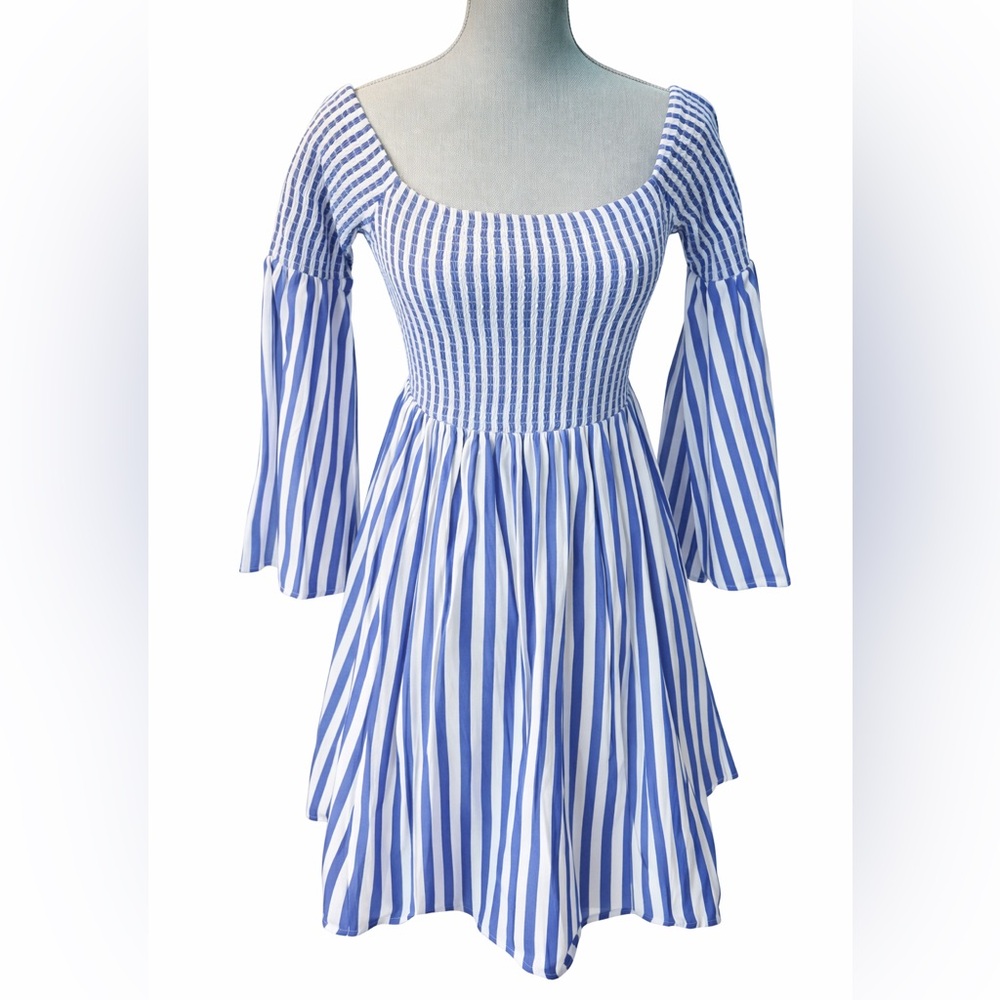 Torrid Blue White Stripe Smocked Off Shoulder Dress 0 Like New